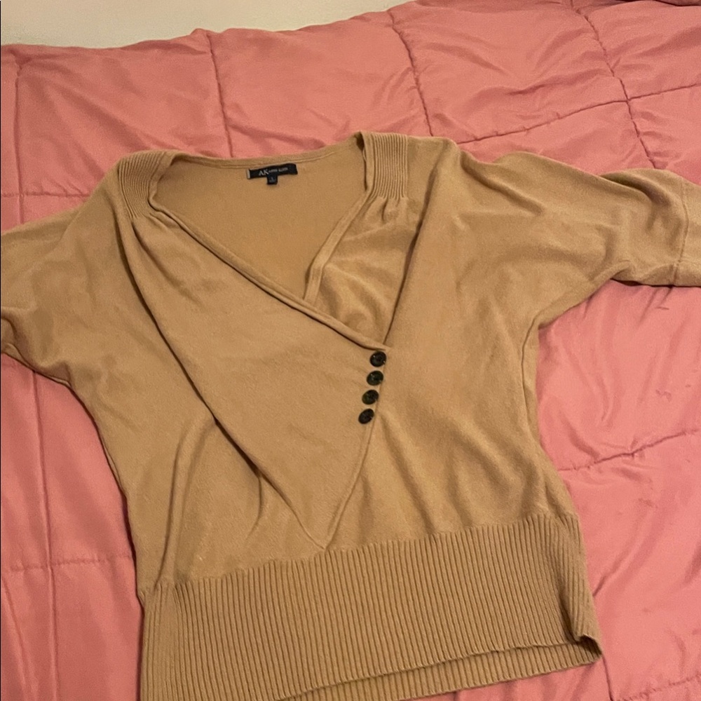 Anne Klein V-Neck Sweater in Tan with Button Accent